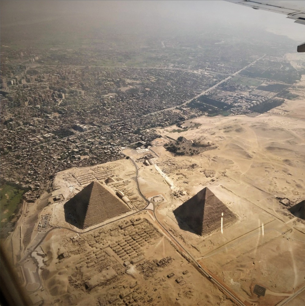 aerial view of 2 pyramids 