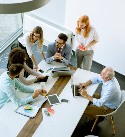 aerial view of a team brainstorming session