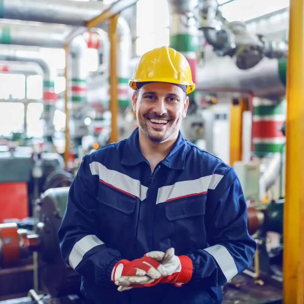 image of a man wearing a yellow hard hat smiling 